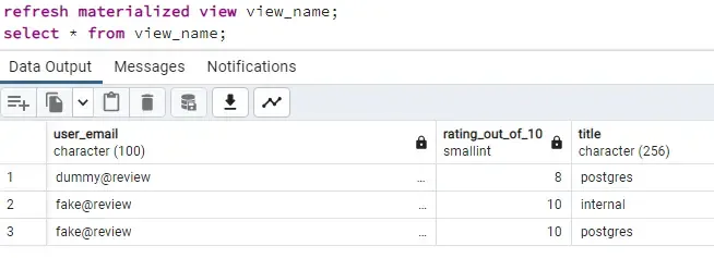 refresh materialized view view_name and query